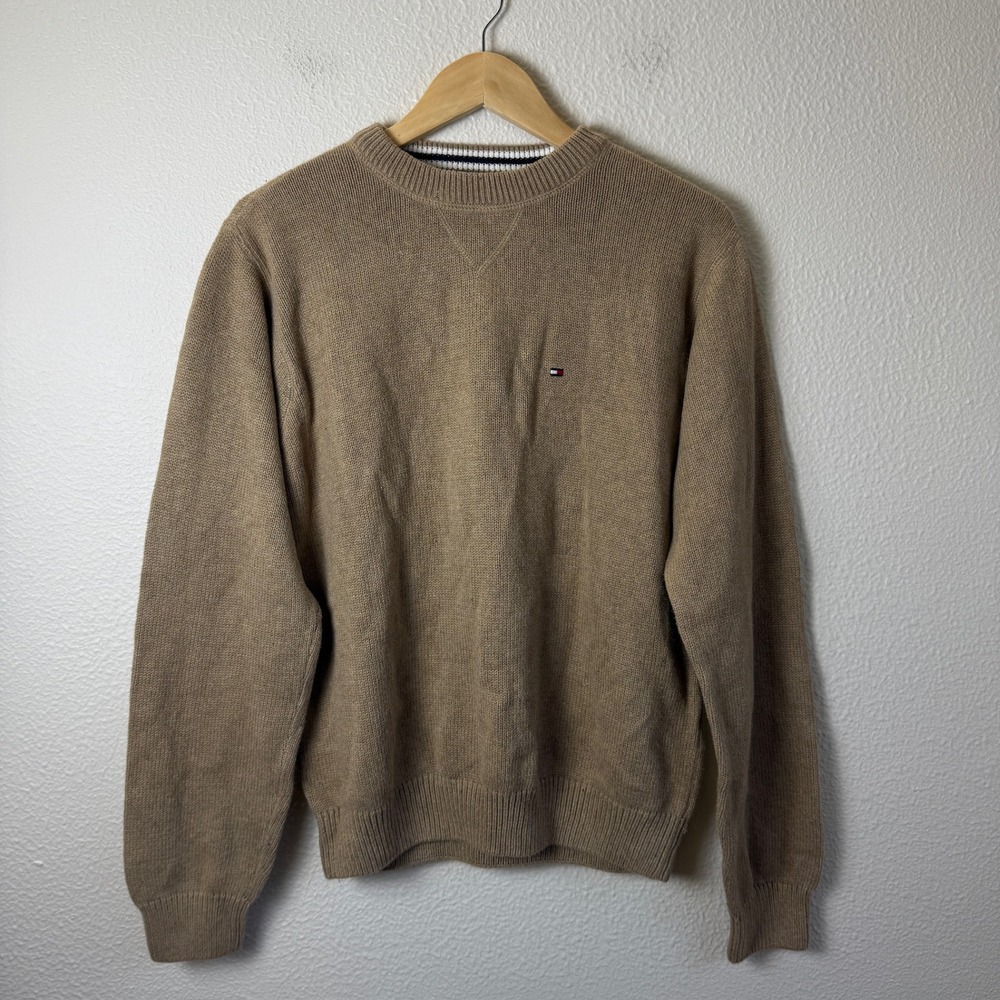 Tommy Hilfiger Sweater Mens Small Tan Excellent Crewneck Cotton Knit Logo